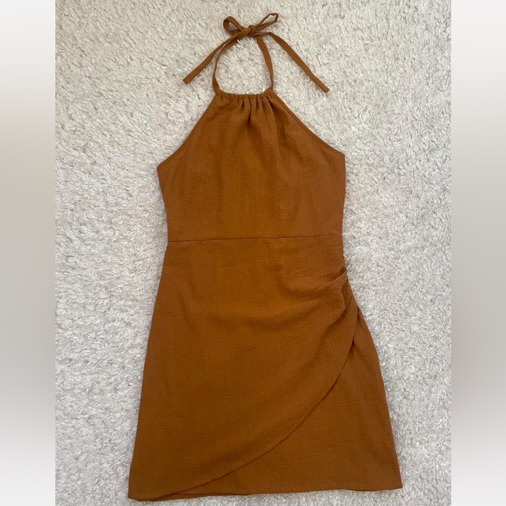 Backless Halter Brown Linen Dress